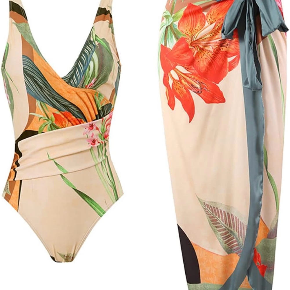 Floral Print Swimsuit and Sarong Set